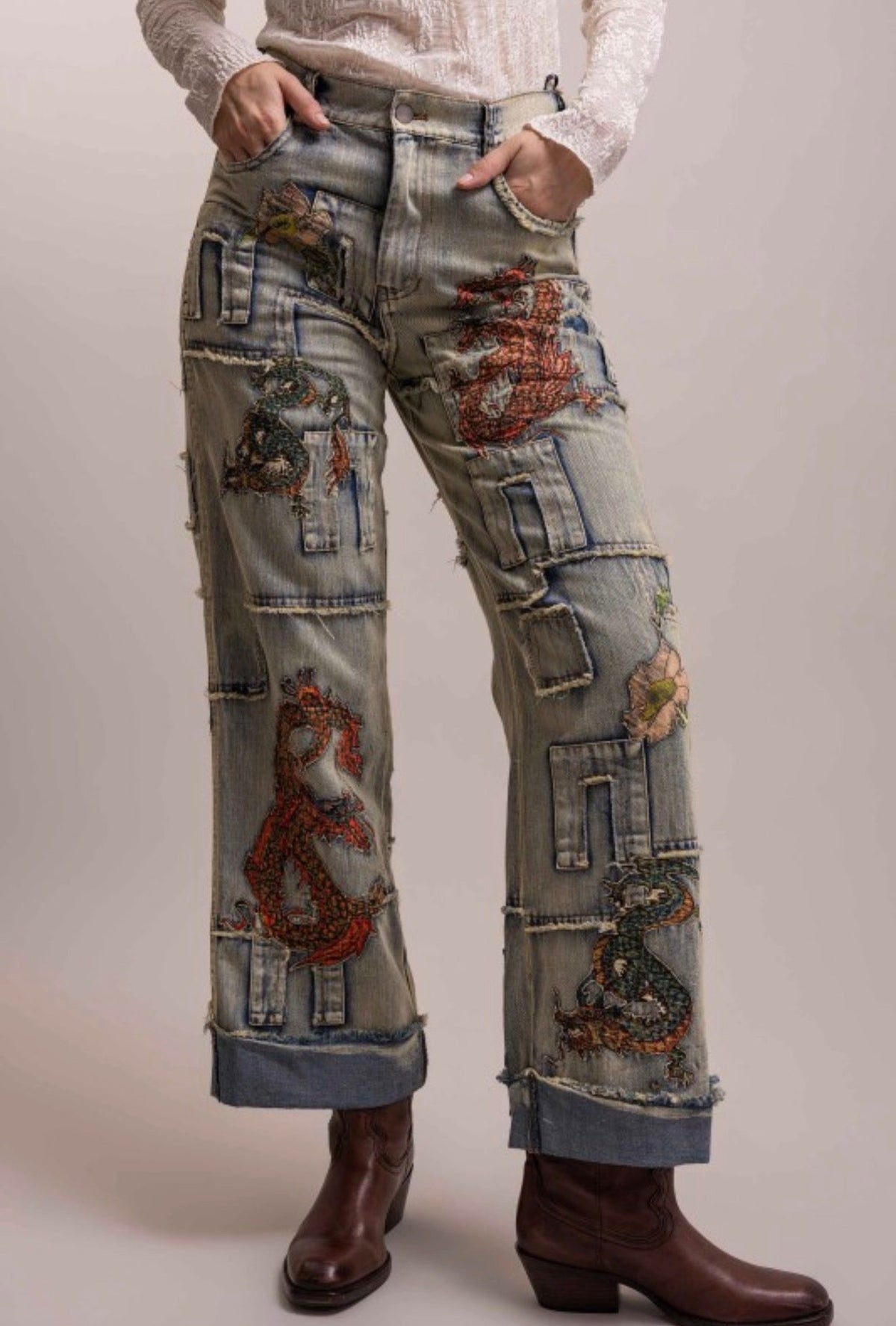 Preorder Shipping 12/15 - Dragon Patchwork Straight Leg Pant - ivyandlavyboutique Blue Velvet