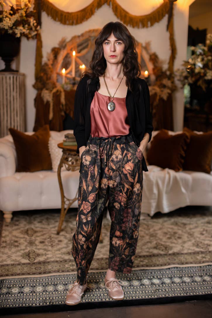 Preorder Ships In November Momento Linen Crop Artist Pant w/ Floral Print & Skull - Boho Wanderlust Boutique Market of Stars (USA)