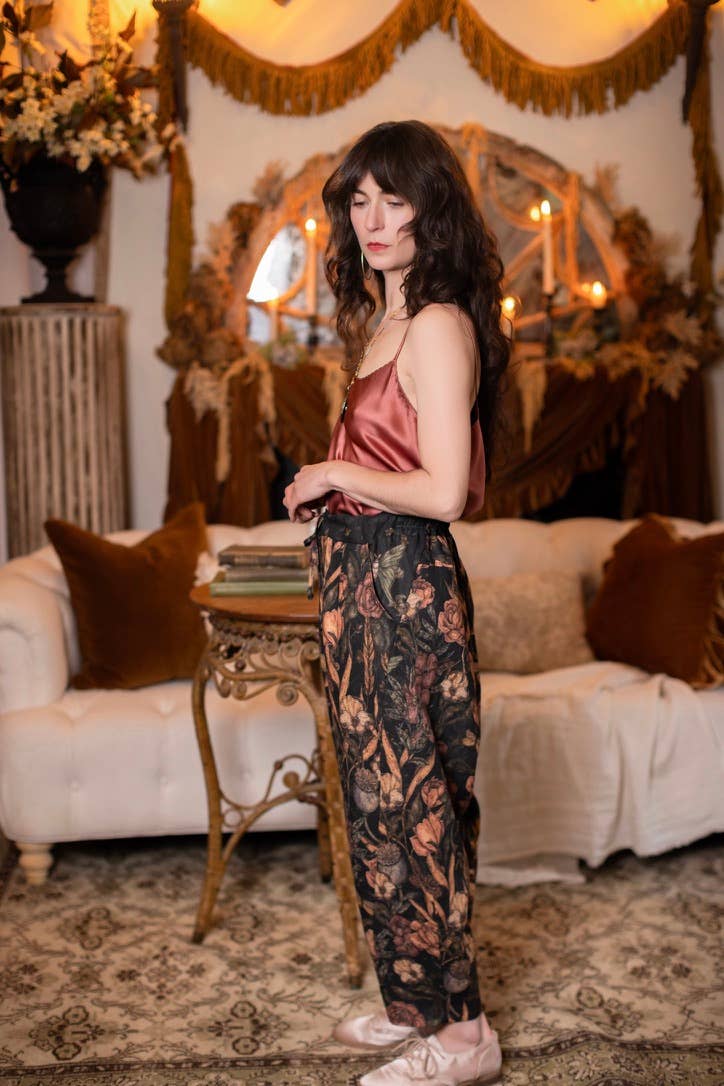 Preorder Ships In November Momento Linen Crop Artist Pant w/ Floral Print & Skull - Boho Wanderlust Boutique Market of Stars (USA)