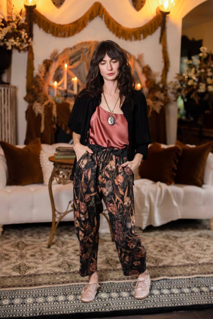 Preorder Ships In November Momento Linen Crop Artist Pant w/ Floral Print & Skull - Boho Wanderlust Boutique Market of Stars (USA)