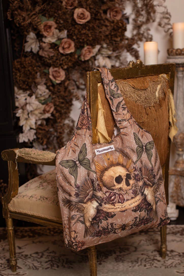 Preorder Ships In November Momento Linen Tote Bag w/ Starling, Skull & Floral Print - Boho Wanderlust Boutique Market of Stars (USA)