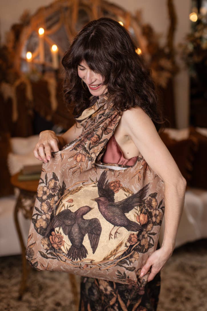 Preorder Ships In November Momento Linen Tote Bag w/ Starling, Skull & Floral Print - Boho Wanderlust Boutique Market of Stars (USA)
