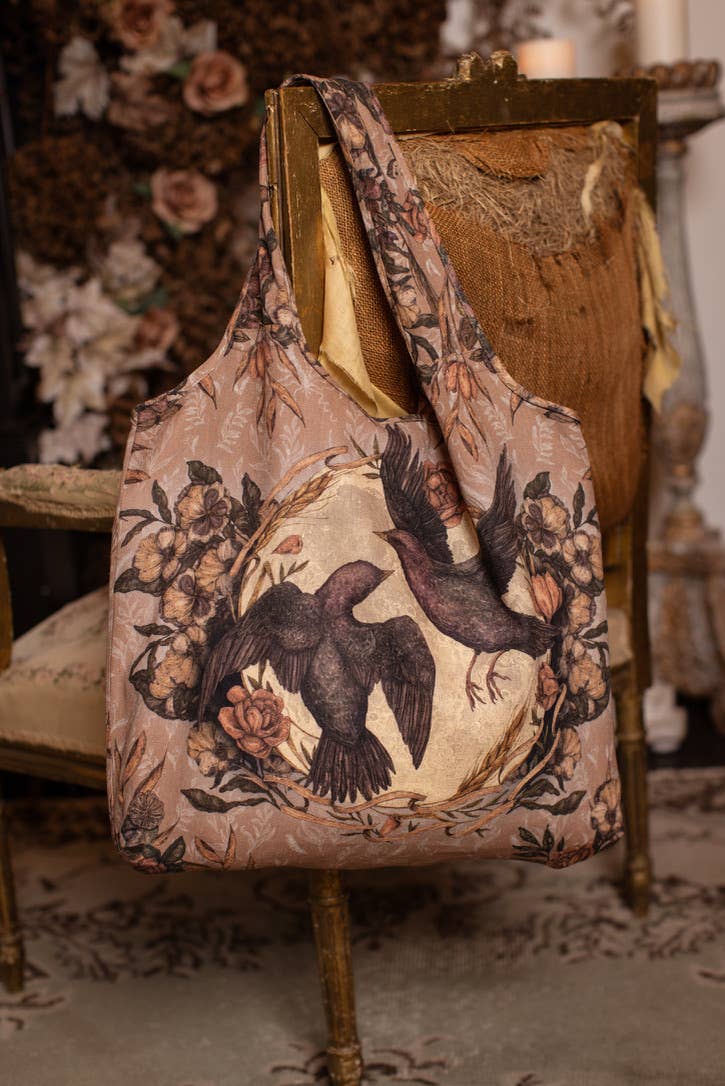 Preorder Ships In November Momento Linen Tote Bag w/ Starling, Skull & Floral Print - Boho Wanderlust Boutique Market of Stars (USA)