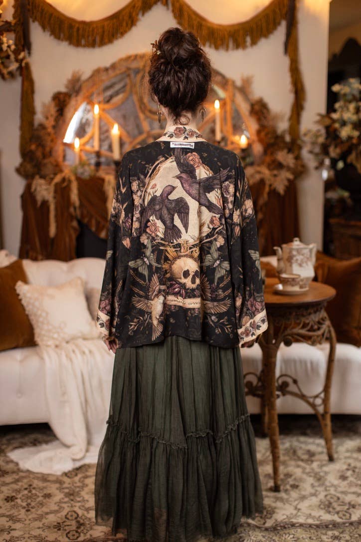 Preorder Ships In November Momento Pixie Duster Crop Kimono w/ Floral, Starling & Skull - Boho Wanderlust Boutique Market of Stars (USA)