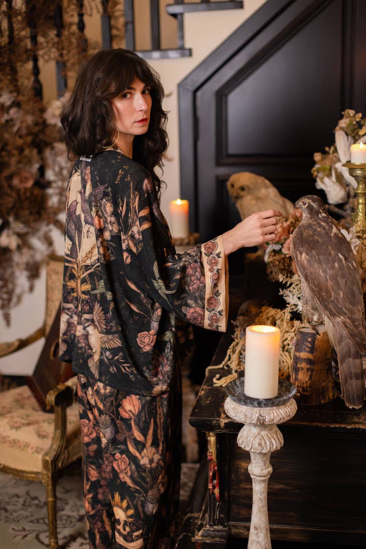 Preorder Ships In November Momento Pixie Duster Crop Kimono w/ Floral, Starling & Skull - Boho Wanderlust Boutique Market of Stars (USA)