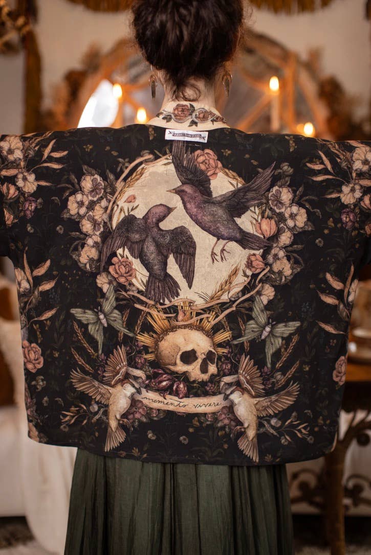 Preorder Ships In November Momento Pixie Duster Crop Kimono w/ Floral, Starling & Skull - Boho Wanderlust Boutique Market of Stars (USA)