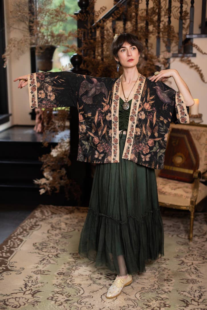 Preorder Ships In November Momento Pixie Duster Crop Kimono w/ Floral, Starling & Skull - Boho Wanderlust Boutique Market of Stars (USA)