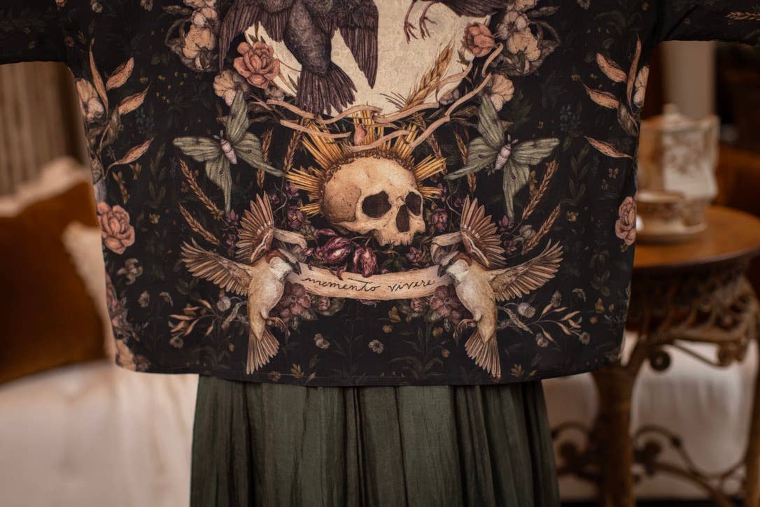 Preorder Ships In November Momento Pixie Duster Crop Kimono w/ Floral, Starling & Skull - Boho Wanderlust Boutique Market of Stars (USA)