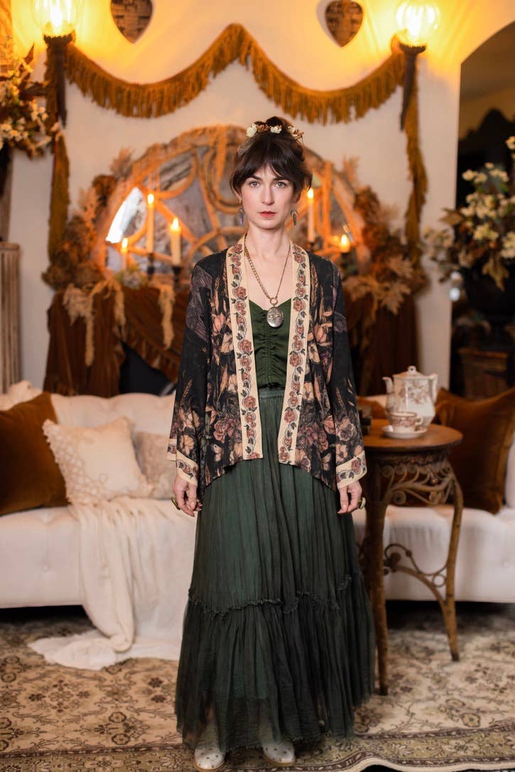 Preorder Ships In November Momento Pixie Duster Crop Kimono w/ Floral, Starling & Skull - Boho Wanderlust Boutique Market of Stars (USA)