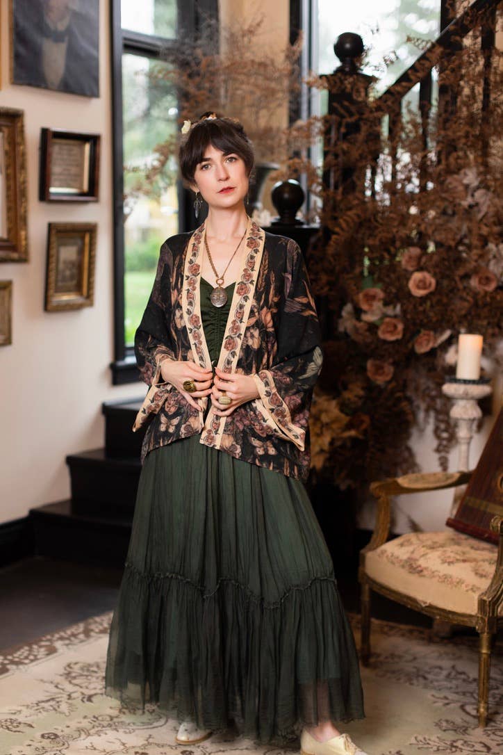 Preorder Ships In November Momento Pixie Duster Crop Kimono w/ Floral, Starling & Skull - Boho Wanderlust Boutique Market of Stars (USA)