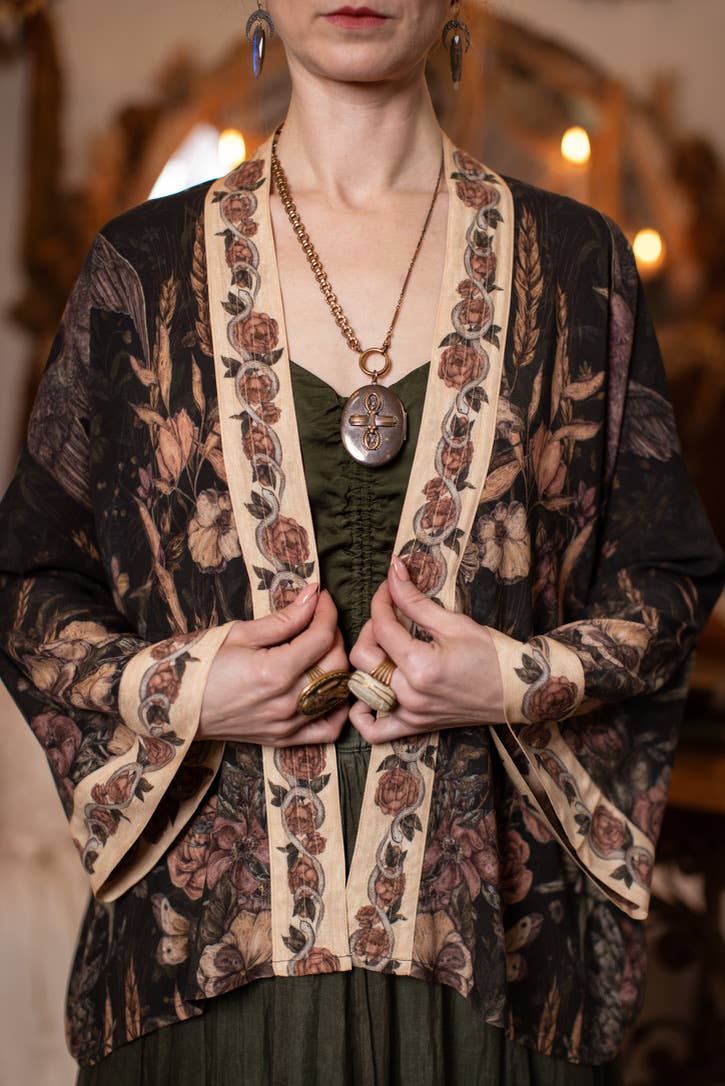 Preorder Ships In November Momento Pixie Duster Crop Kimono w/ Floral, Starling & Skull - Boho Wanderlust Boutique Market of Stars (USA)