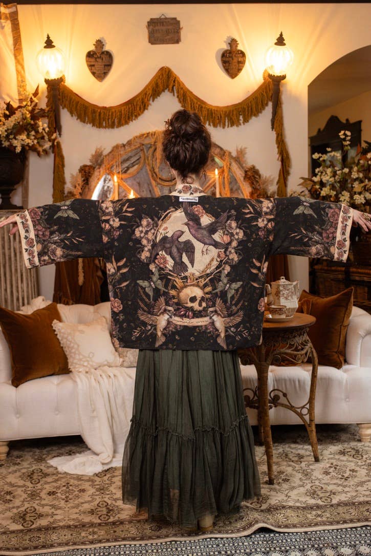 Preorder Ships In November Momento Pixie Duster Crop Kimono w/ Floral, Starling & Skull - Boho Wanderlust Boutique Market of Stars (USA)