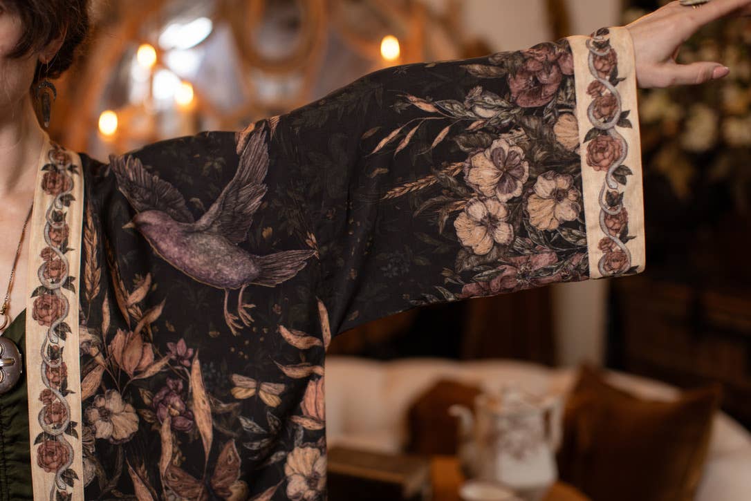 Preorder Ships In November Momento Pixie Duster Crop Kimono w/ Floral, Starling & Skull - Boho Wanderlust Boutique Market of Stars (USA)