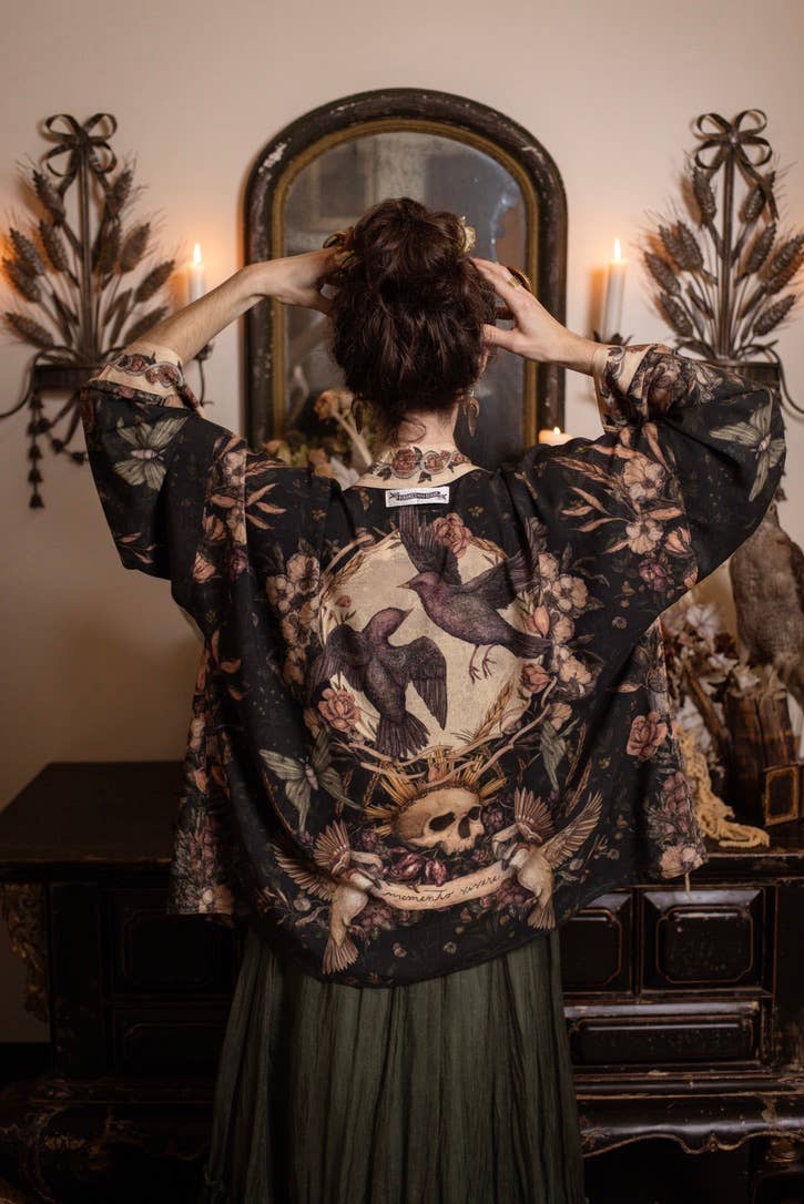 Preorder Ships In November Momento Pixie Duster Crop Kimono w/ Floral, Starling & Skull - Boho Wanderlust Boutique Market of Stars (USA)