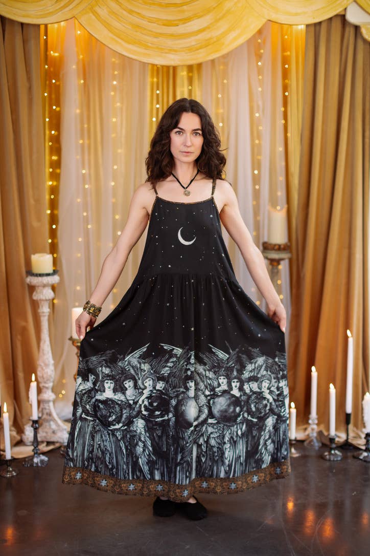 Preorder Ships In November The Guardians Bohéme Slip Maxi Dress w/ angels, moon & stars - Boho Wanderlust Boutique Market of Stars (USA)