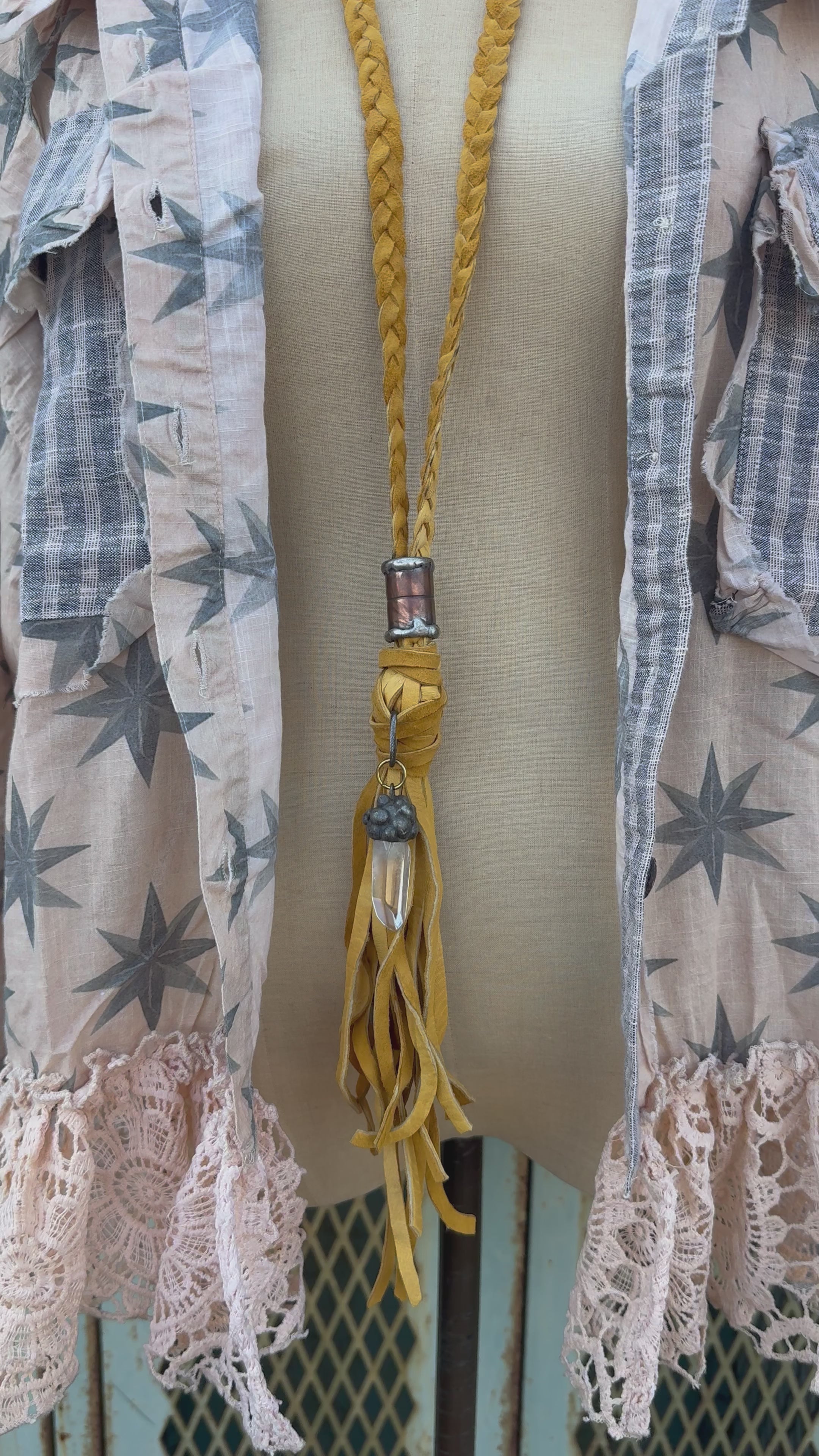Gemstone Boho Braided Leather Tassel Necklace