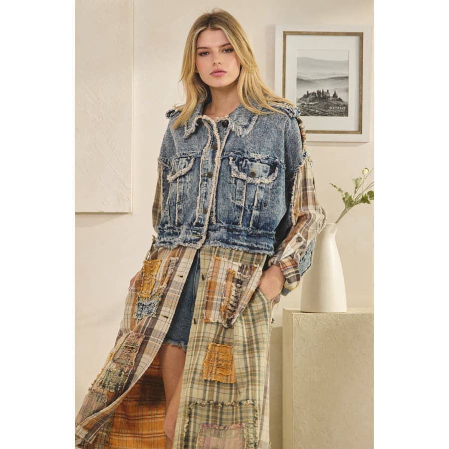 Pumpkin Patch Mixed Plaid & Denim Jacket - ivyandlavyboutique Oli&Hali
