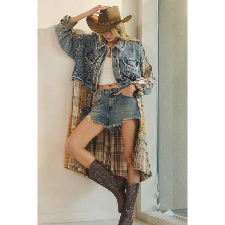 Pumpkin Patch Mixed Plaid & Denim Jacket - ivyandlavyboutique Oli&Hali