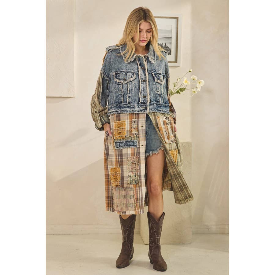 Pumpkin Patch Mixed Plaid & Denim Jacket - ivyandlavyboutique Oli&Hali