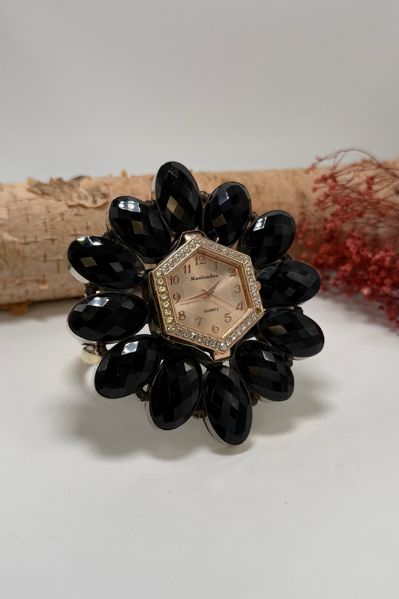 QUARTZ Bedazzled Watch Cuff/Black Crystal - ivyandlavyboutique ivyandlavyboutique