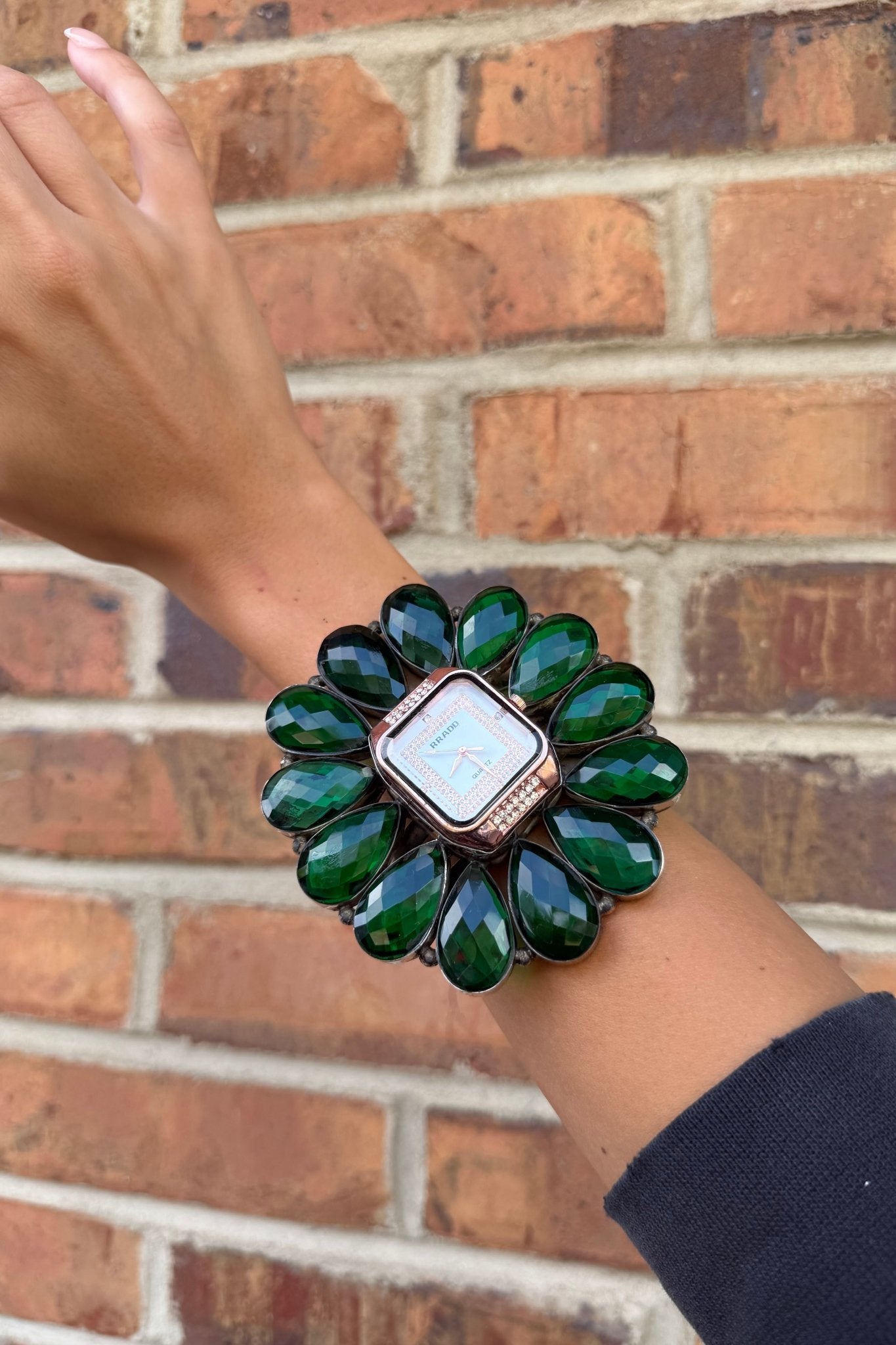QUARTZ Bedazzled Watch Cuff/Green Crystal - ivyandlavyboutique ivyandlavyboutique