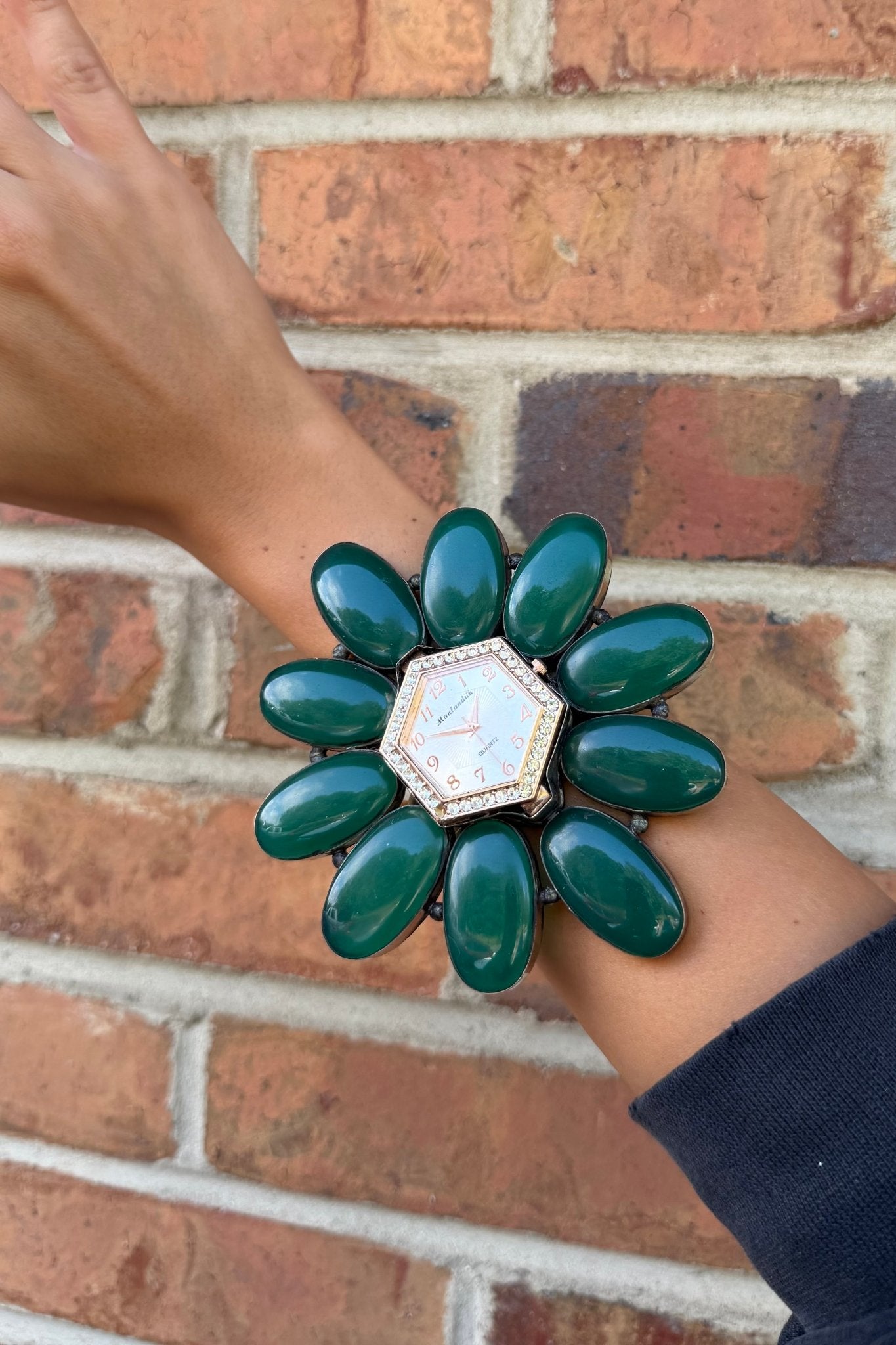 QUARTZ Bedazzled Watch Cuff/Green Stone - ivyandlavyboutique ivyandlavyboutique