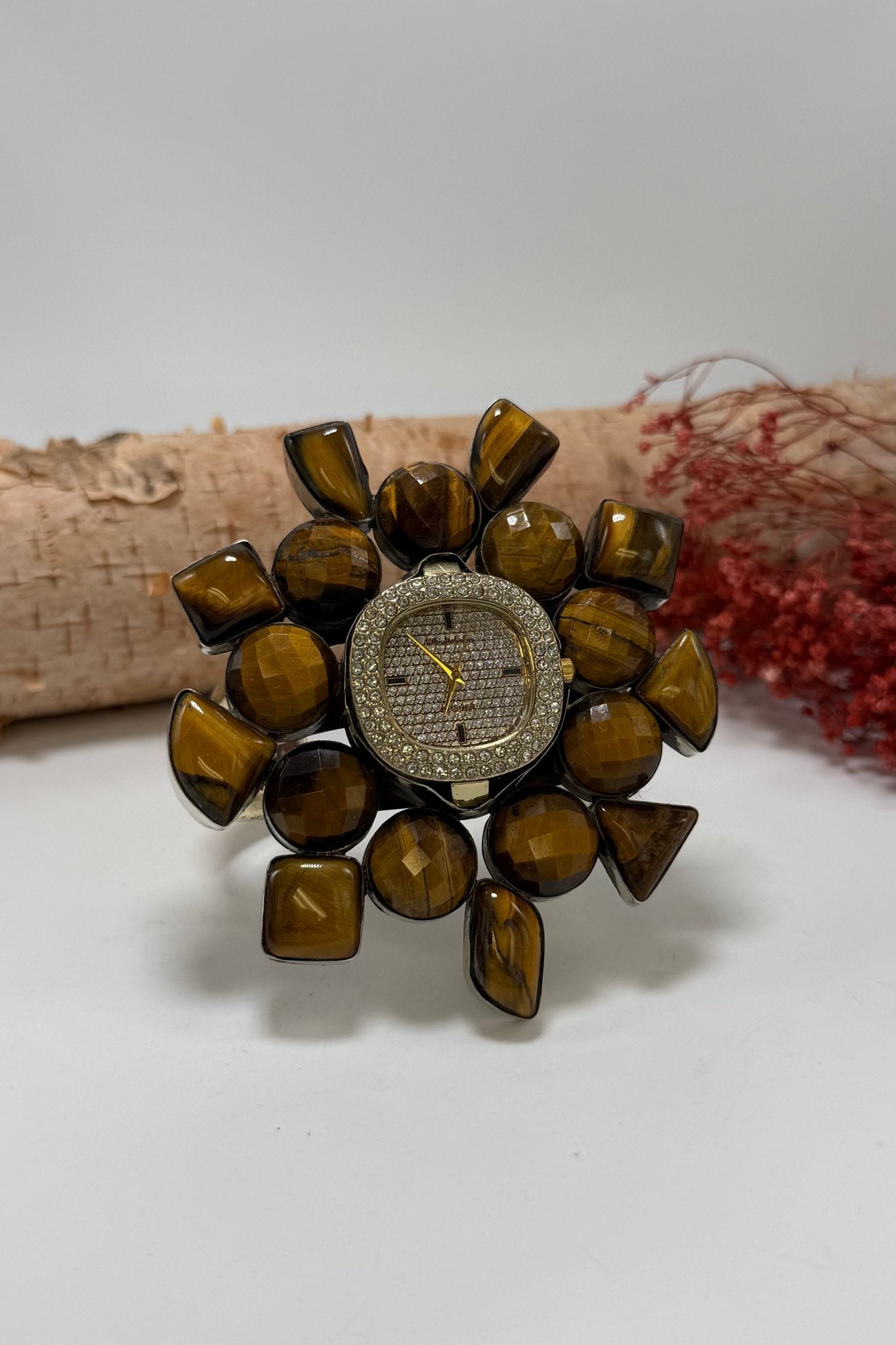 QUARTZ Bedazzled Watch Cuff/Tigers Eye Stone - ivyandlavyboutique ivyandlavyboutique