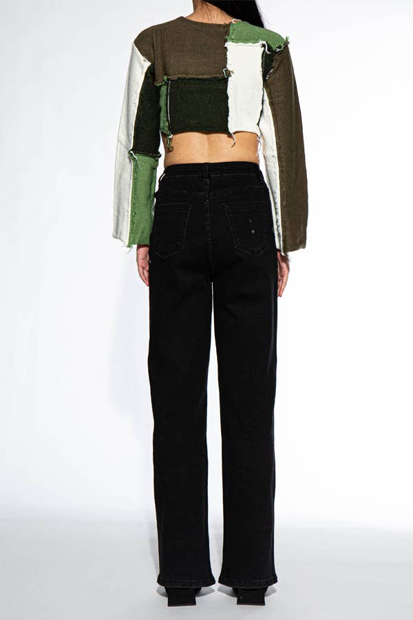 Raw Edge Color Block Cropped Knit Sweater - ivyandlavyboutique Rehab Lab