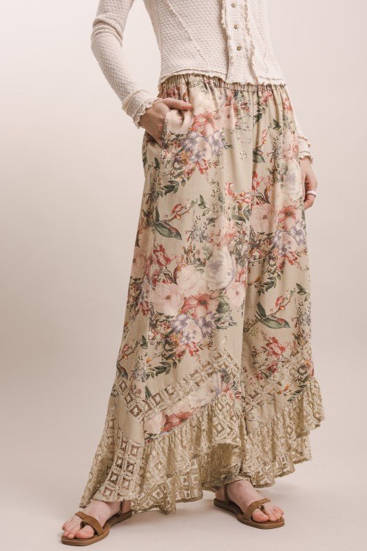 Rose Garden Asymmetrical Wide Leg Floral Lace Trim Pants - ivyandlavyboutique Blue Velvet