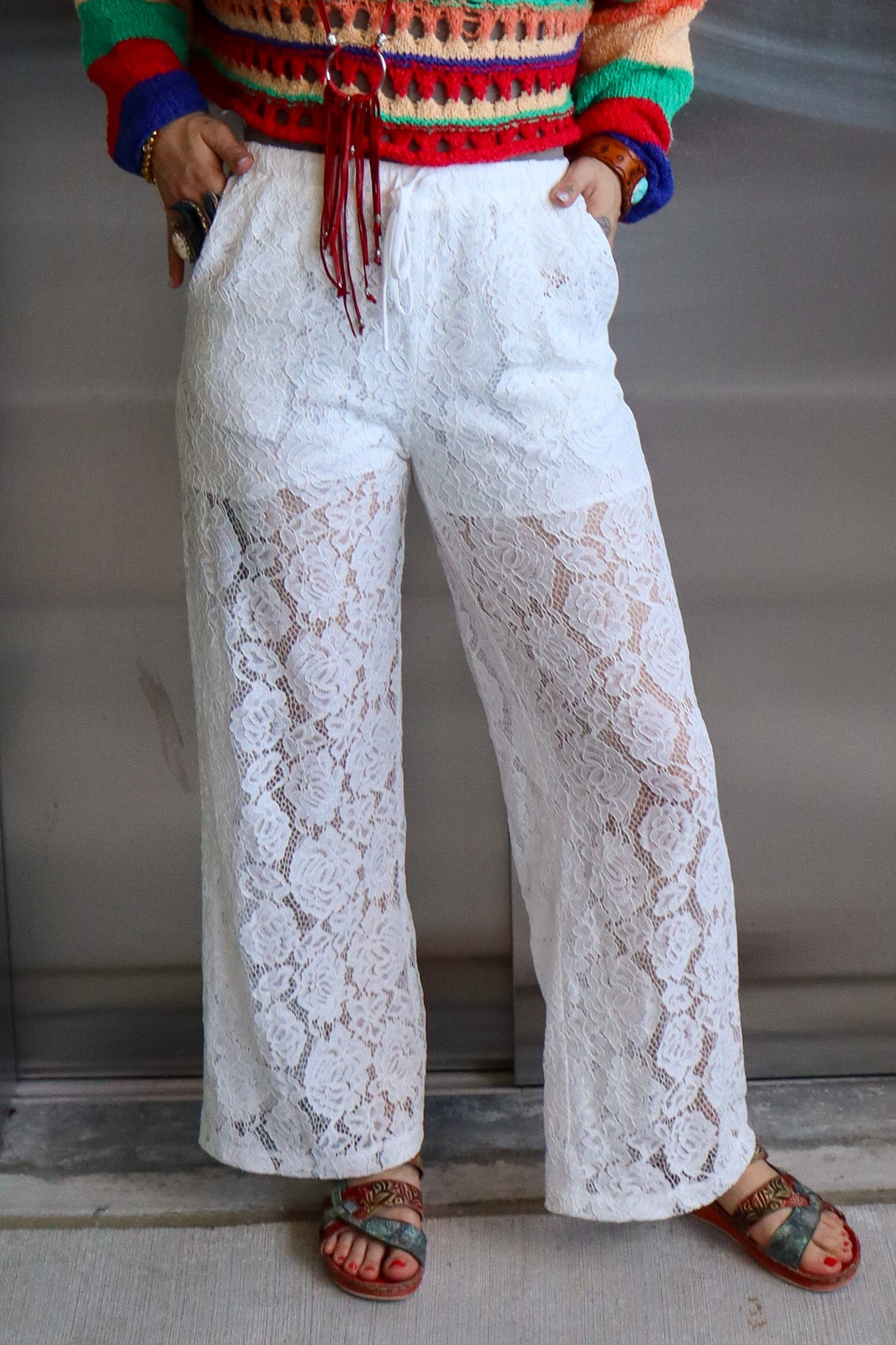 Rose Sheer Lace Comfy Wide - Leg Pants: - ivyandlavyboutique Fashion Week