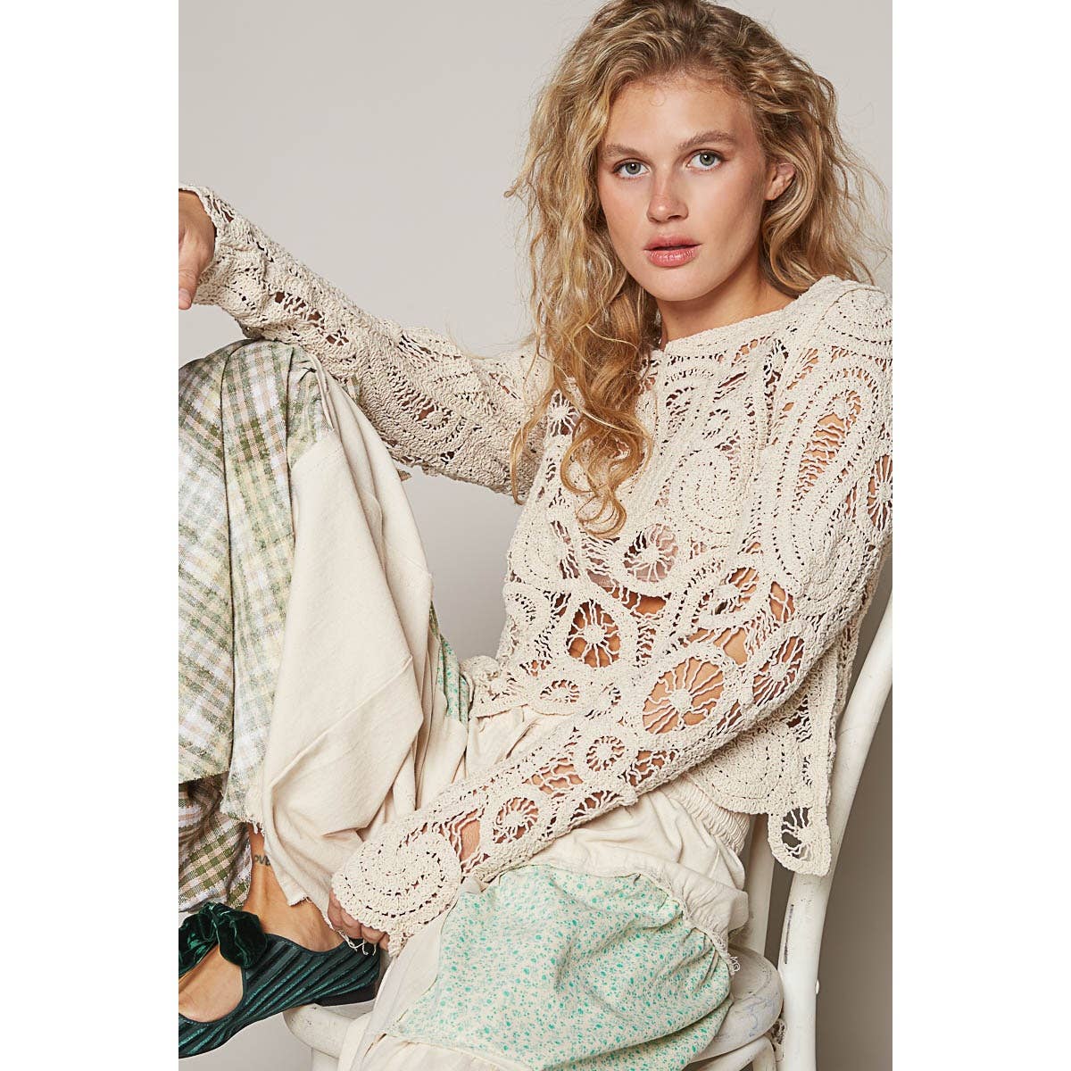 Round neck long sleeve solid crochet top: NATURAL / OS - ivyandlavyboutique Pol Clothing