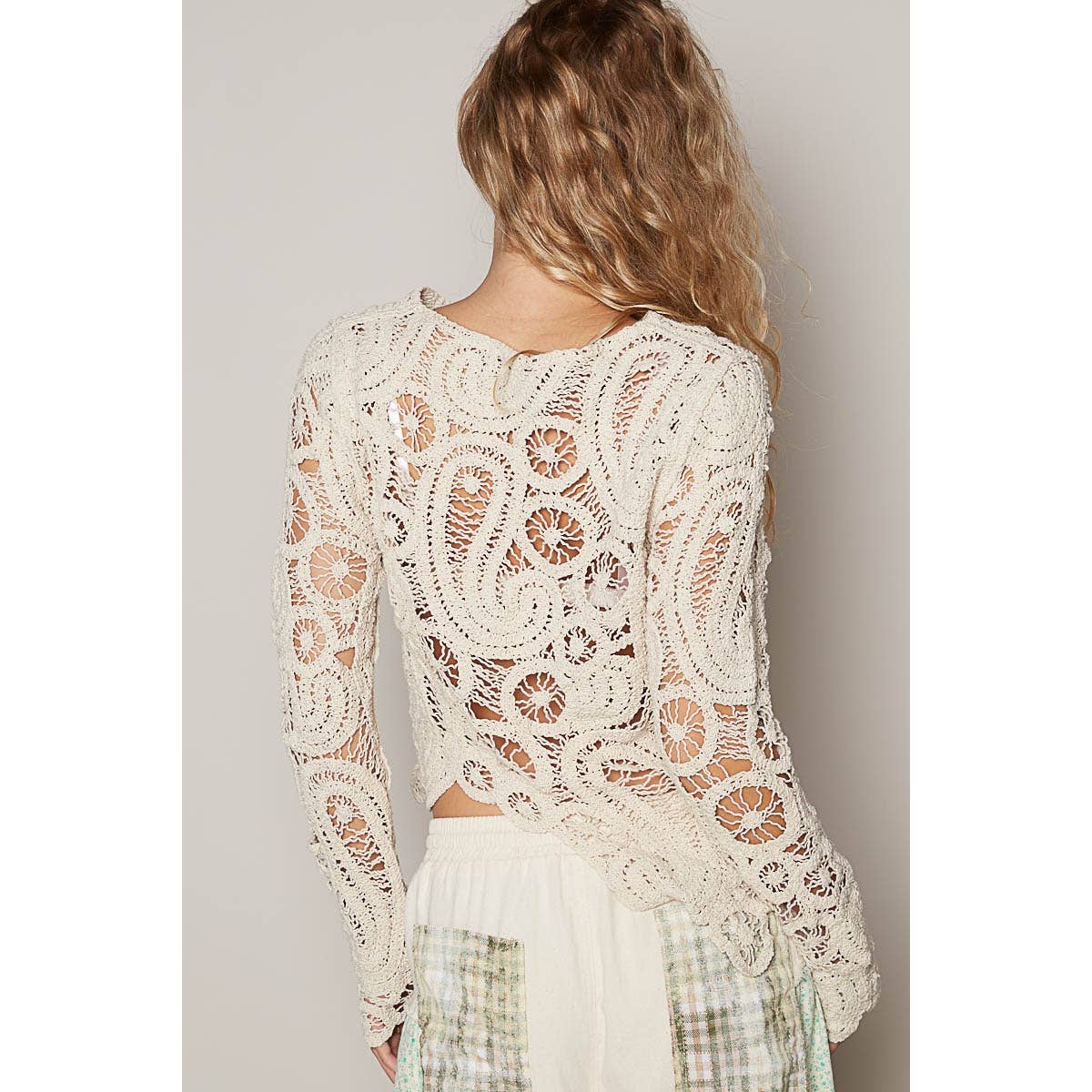Round neck long sleeve solid crochet top: NATURAL / OS - ivyandlavyboutique Pol Clothing
