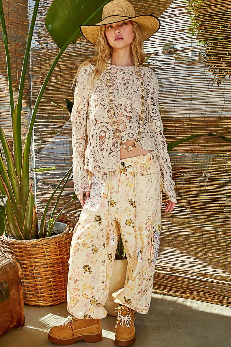 Round neck long sleeve solid crochet top: NATURAL / OS - ivyandlavyboutique Pol Clothing