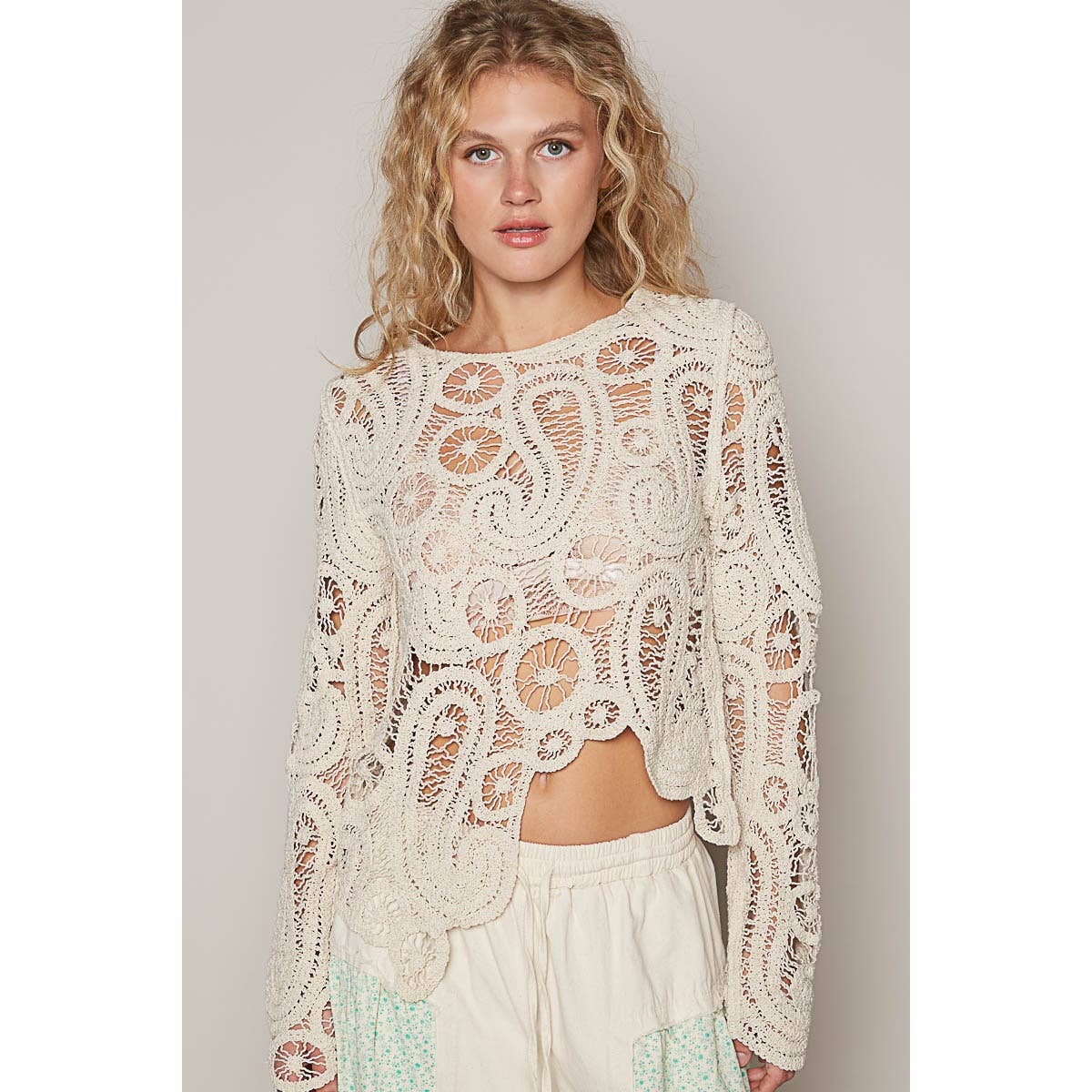 Round neck long sleeve solid crochet top: NATURAL / OS - ivyandlavyboutique Pol Clothing