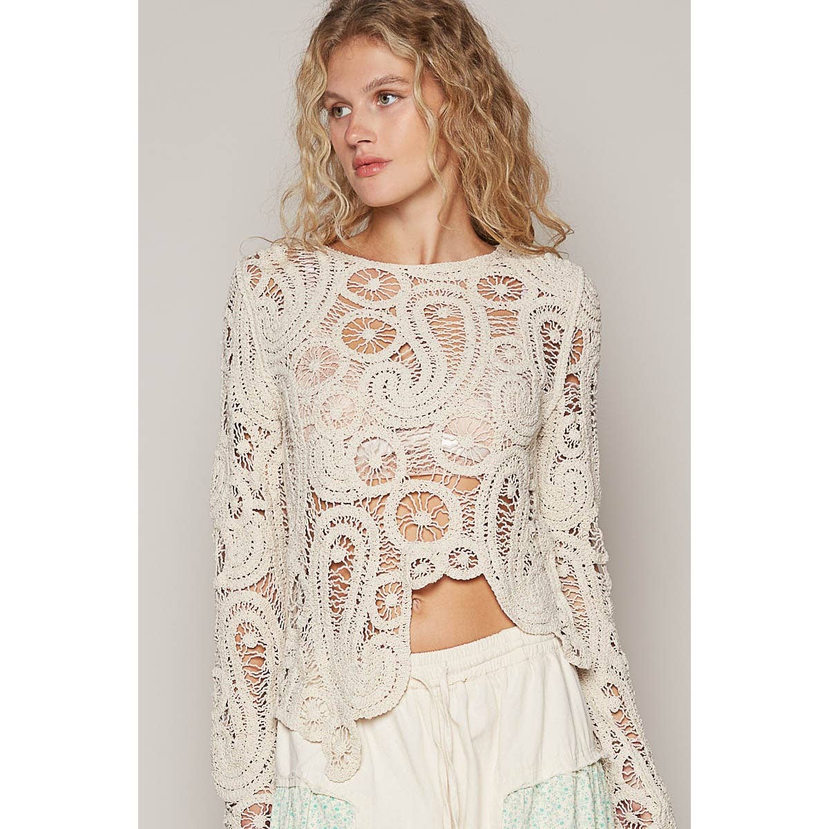Round neck long sleeve solid crochet top: NATURAL / OS - ivyandlavyboutique Pol Clothing