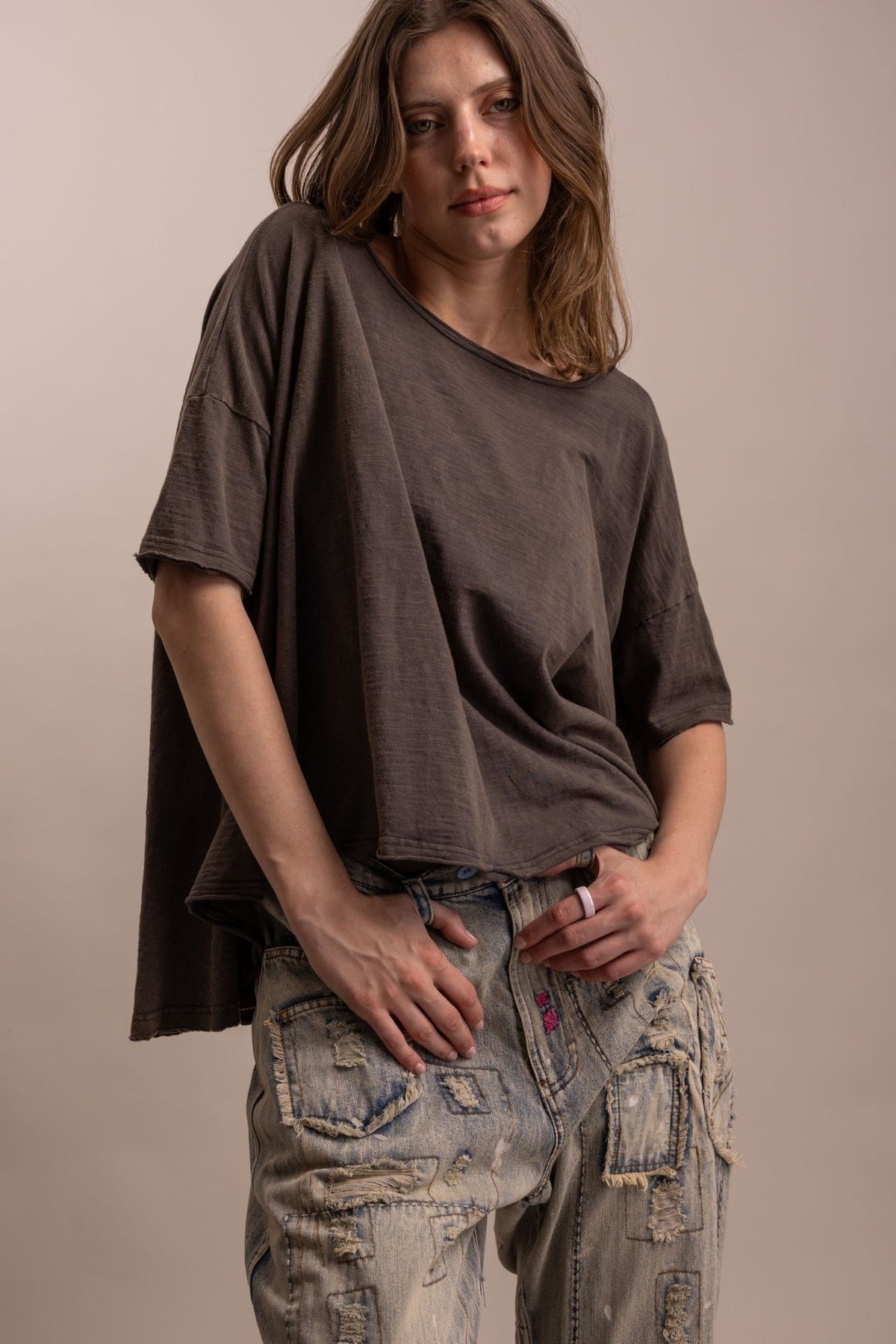 Round Neck Short Sleeve High-low Hem Oversized Shirt - Boho Wanderlust Boutique Blue Velvet