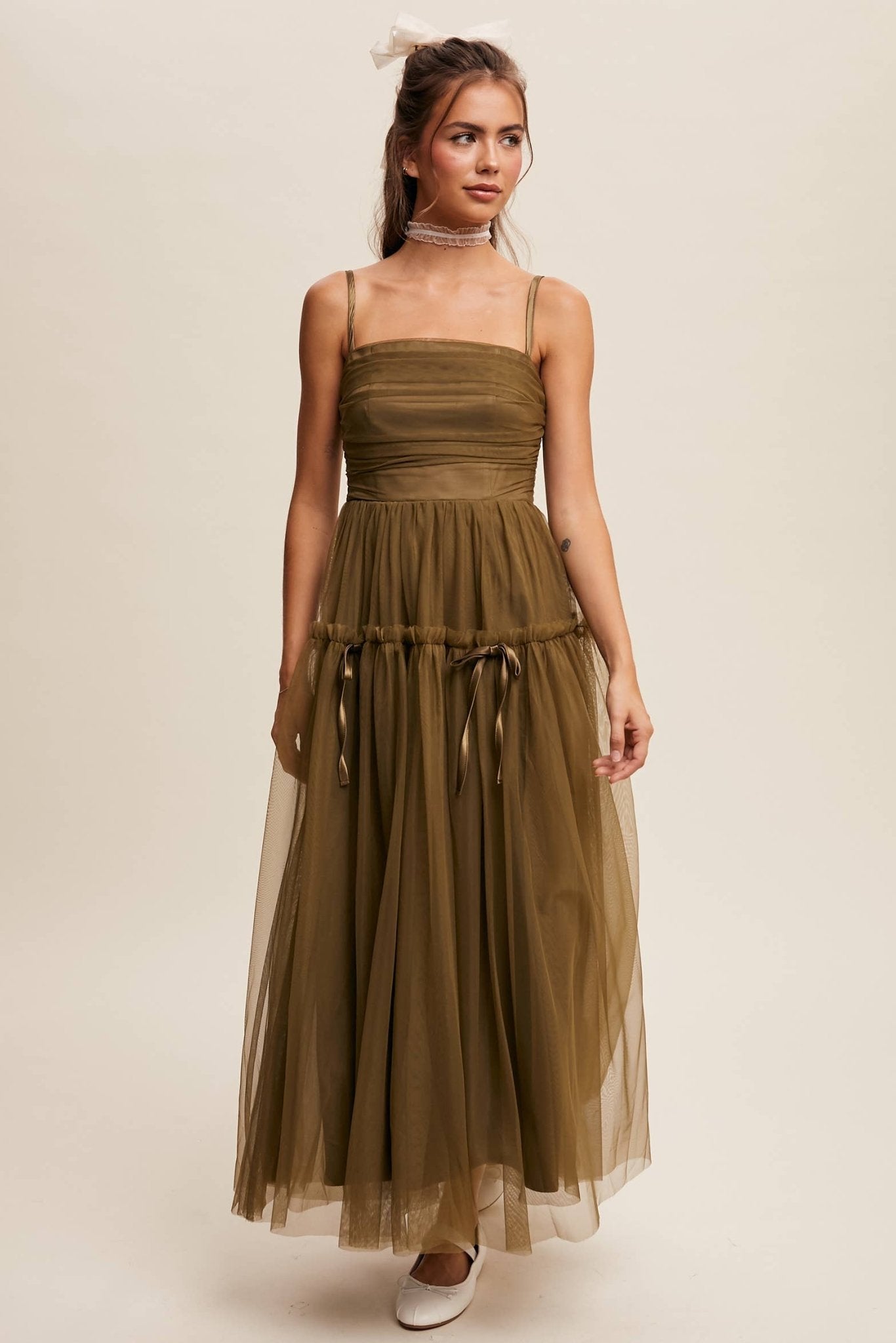 Ruched Tulle Ribbon Detail Midi Dress: Olive / S - ivyandlavyboutique Listicle