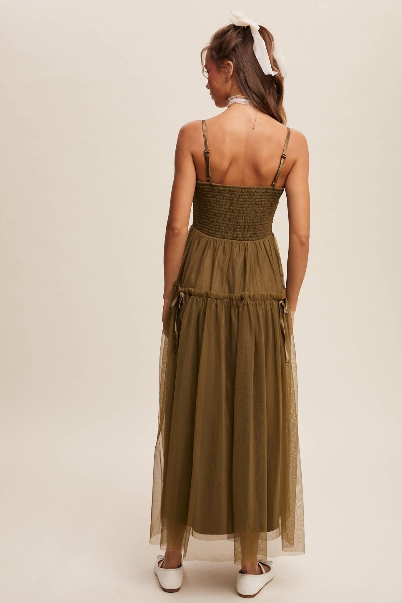 Ruched Tulle Ribbon Detail Midi Dress: Olive / S - ivyandlavyboutique Listicle