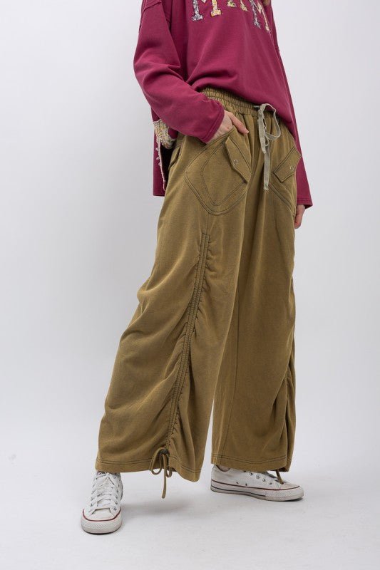 Ruched Wide-leg French Terry Sweatpants in Olive - ivyandlavyboutique Blue Velvet