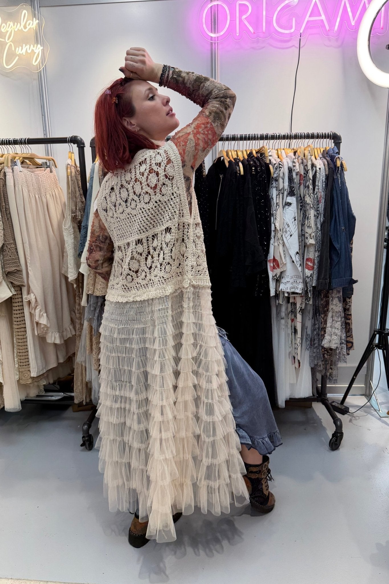 Ruffle Bottom Vest - ivyandlavyboutique Origami Apparel ~ Lace and Crochet inspired