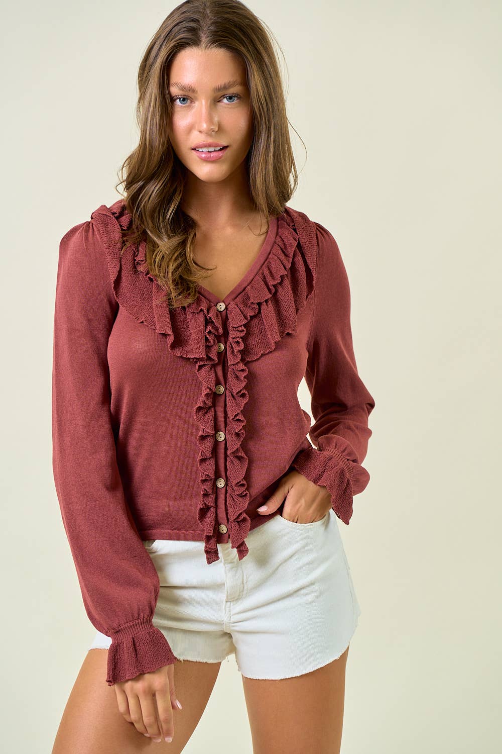 RUFFLE CONTRAST FINE GAUGE BUTTON FRONT TOP - ivyandlavyboutique Doe and Rae