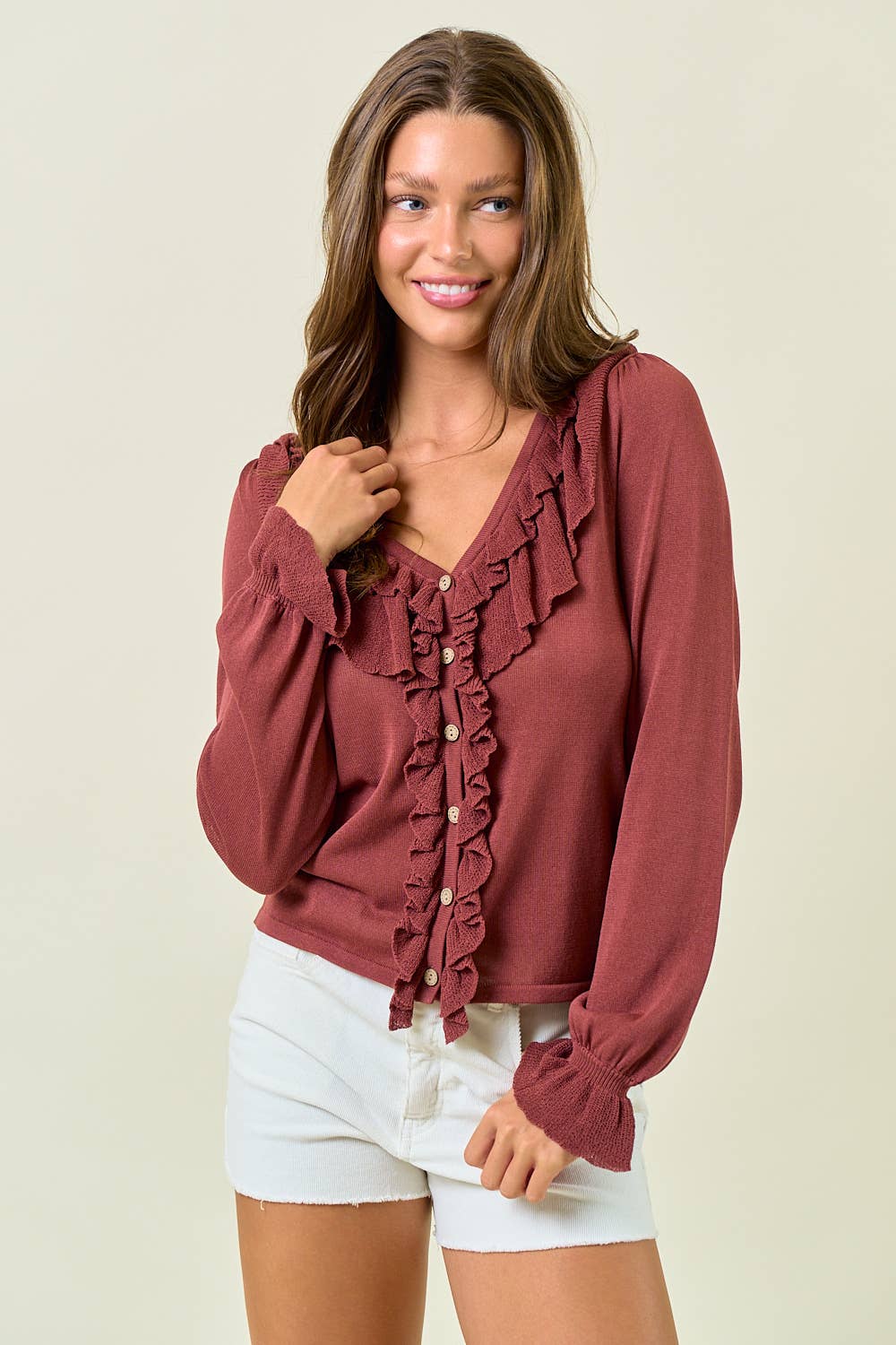 RUFFLE CONTRAST FINE GAUGE BUTTON FRONT TOP - ivyandlavyboutique Doe and Rae