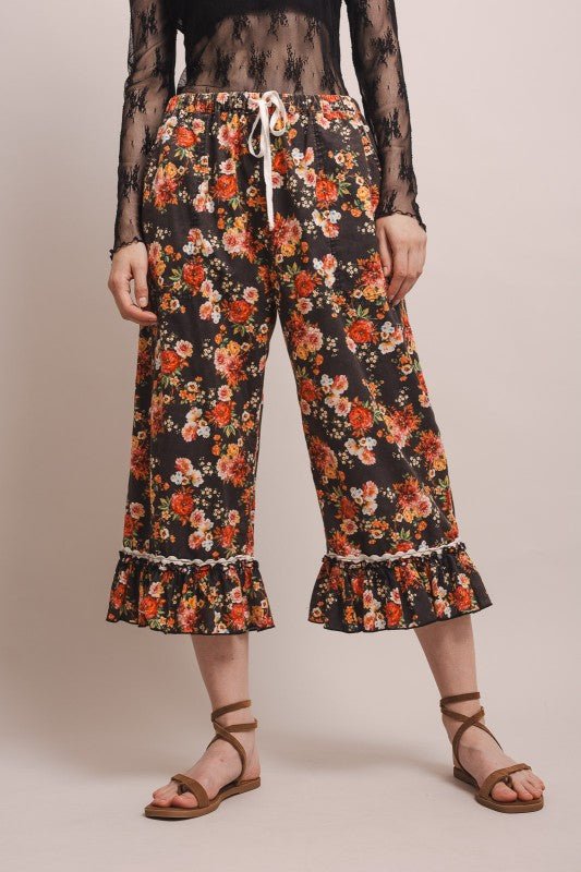 Ruffle Hem Midi Bloomer Pants in Black - ivyandlavyboutique Blue Velvet