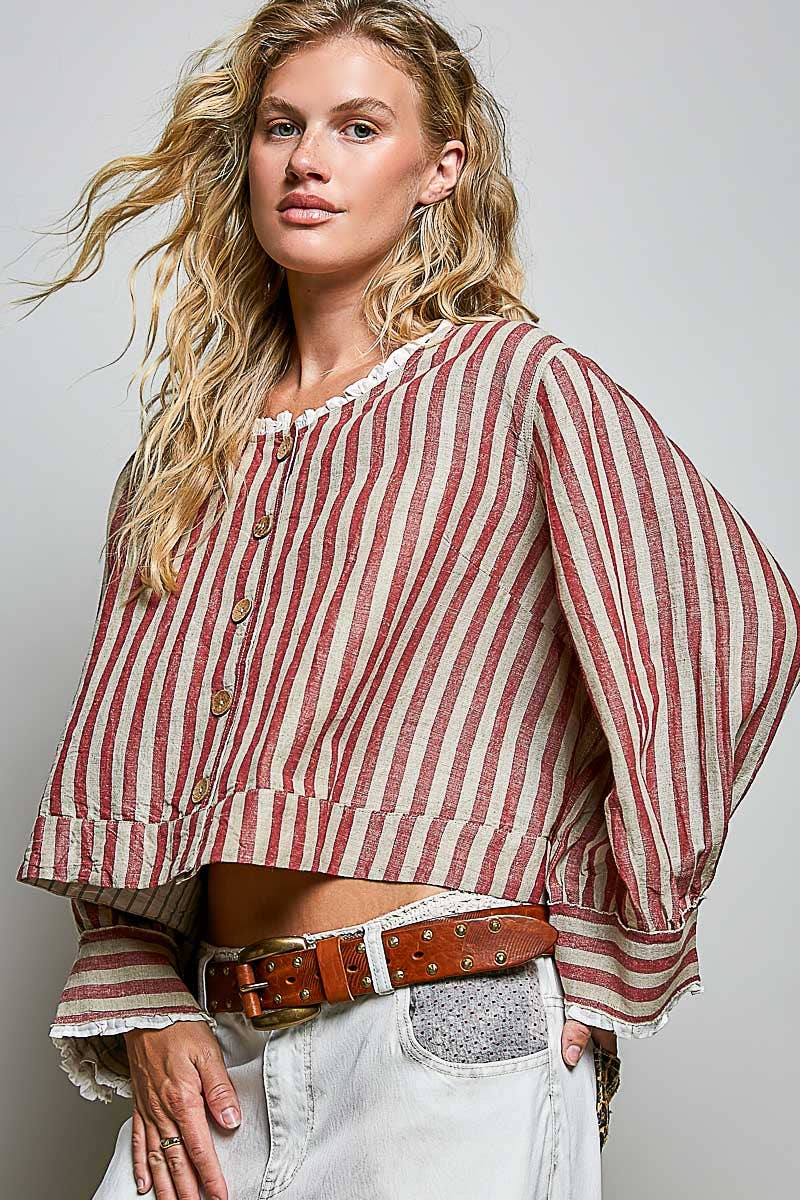 Ruffle Striped Pattern Wood Button Down Cotton Jacket Top - ivyandlavyboutique Pol Clothing