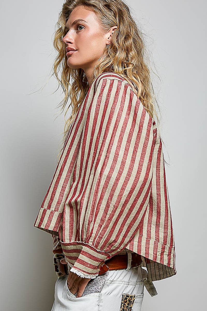 Ruffle Striped Pattern Wood Button Down Cotton Jacket Top - ivyandlavyboutique Pol Clothing