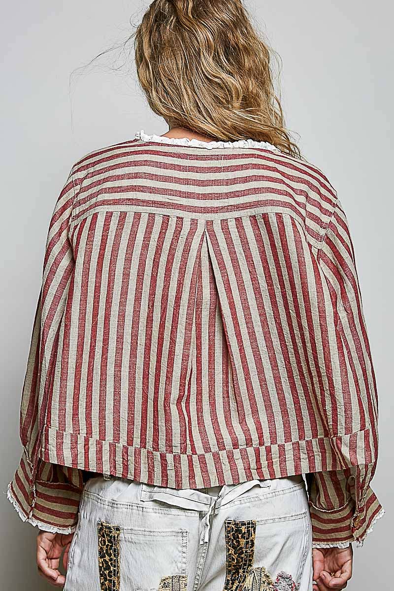 Ruffle Striped Pattern Wood Button Down Cotton Jacket Top - ivyandlavyboutique Pol Clothing