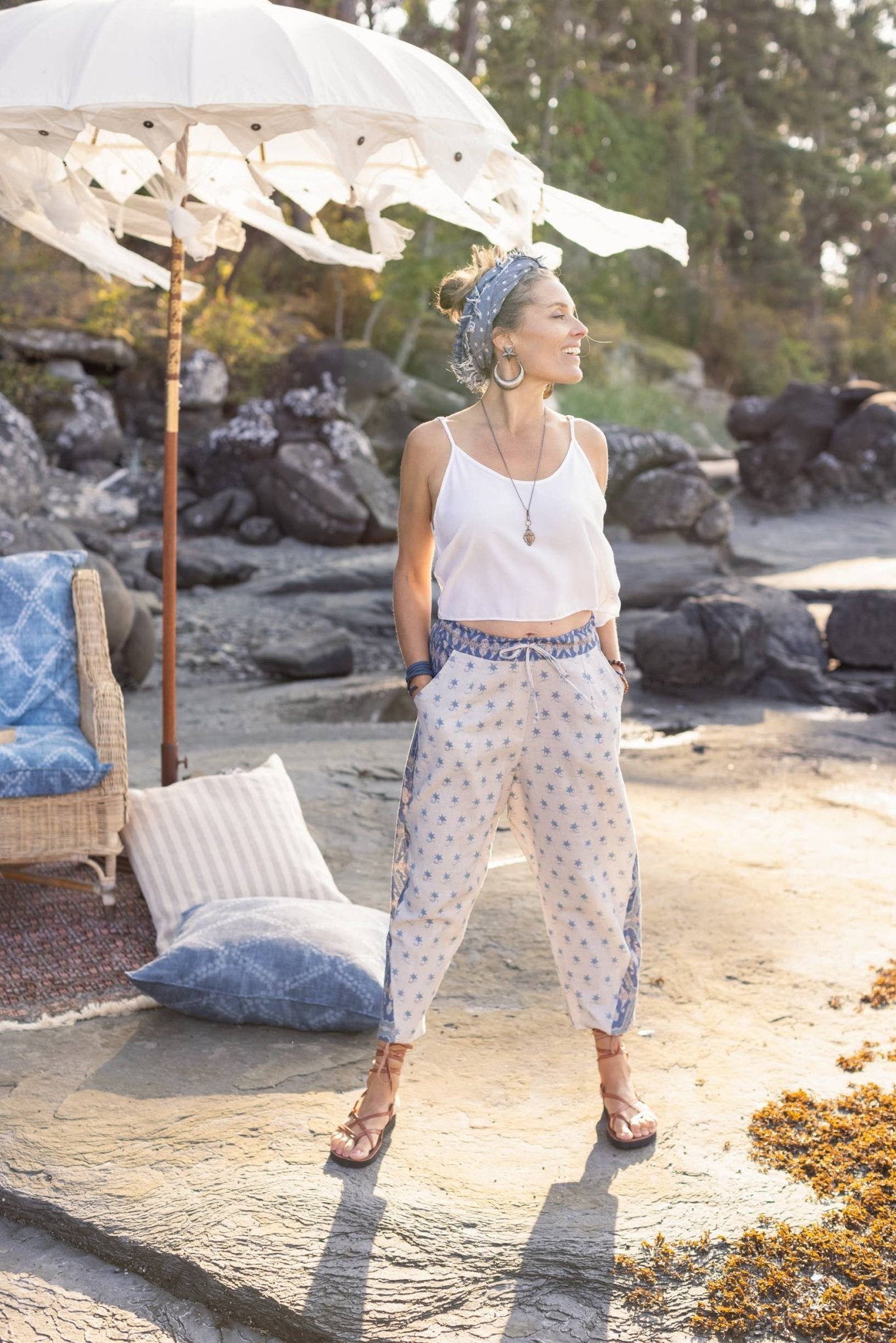 Sale - Head In The Clouds Linen Cropped Artist Pants w/ stars - ivyandlavyboutique Market of Stars (USA)
