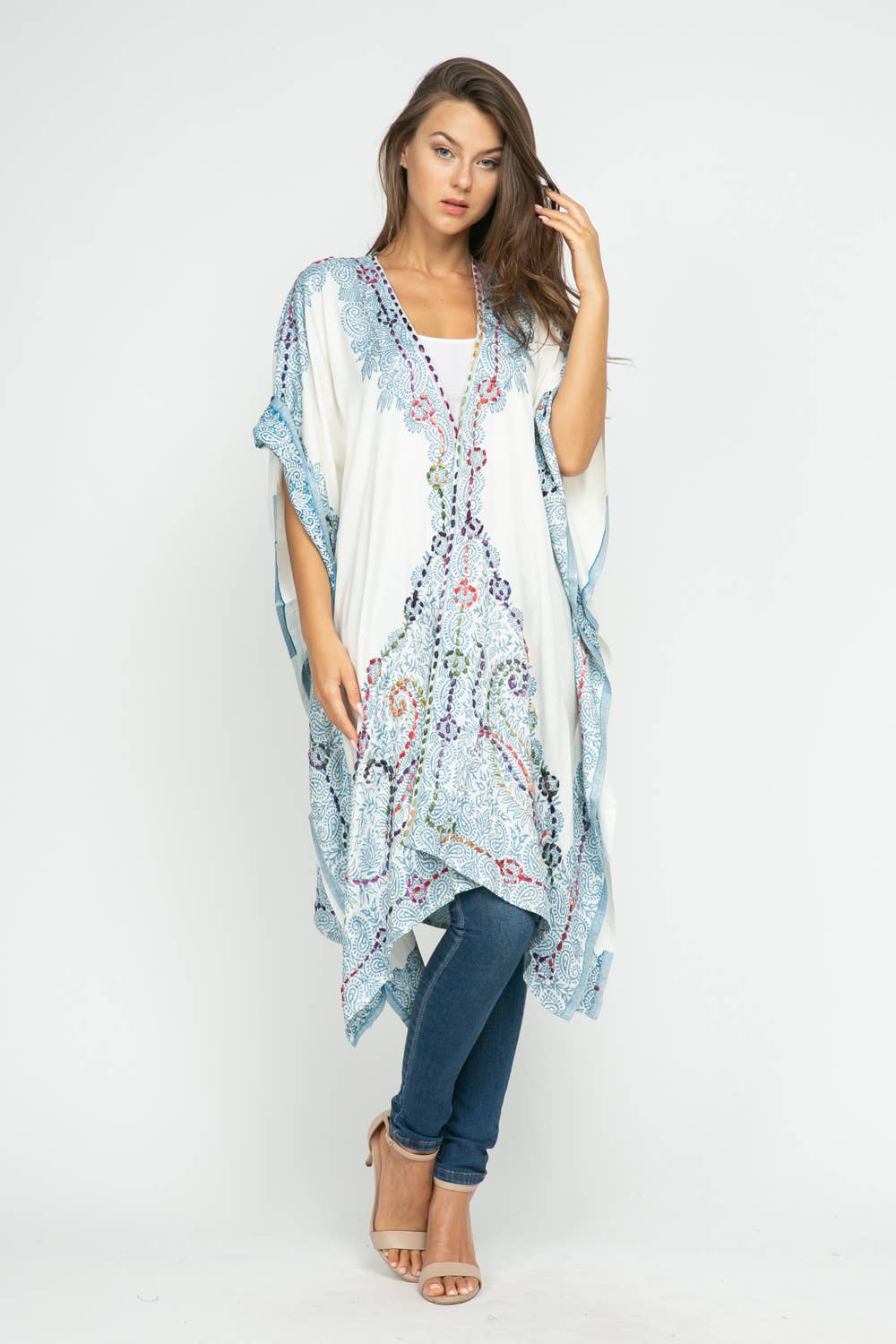 Sale - Tatiana White Blue Thick Stitch Kimono Short Sleeve - ivyandlavyboutique Raj Trading & Imports (USA) Inc.