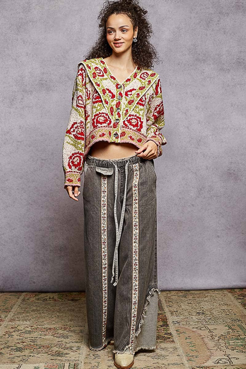 Sale - V - neck ruffles point floral Beber sweater cardigan top: IVORY MULTI / S - ivyandlavyboutique Pol Clothing
