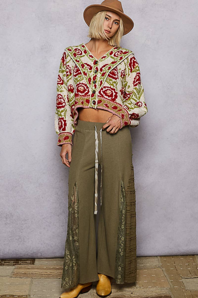 Sale - V - neck ruffles point floral Beber sweater cardigan top: IVORY MULTI / S - ivyandlavyboutique Pol Clothing